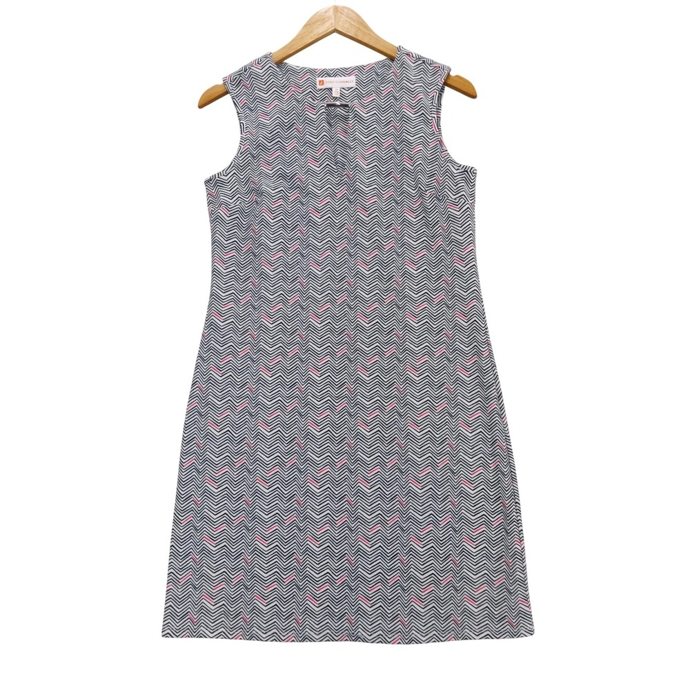 Jude Connally Shift Dress Women XS Navy Pink Chevron Zigzag Split Neck Bar